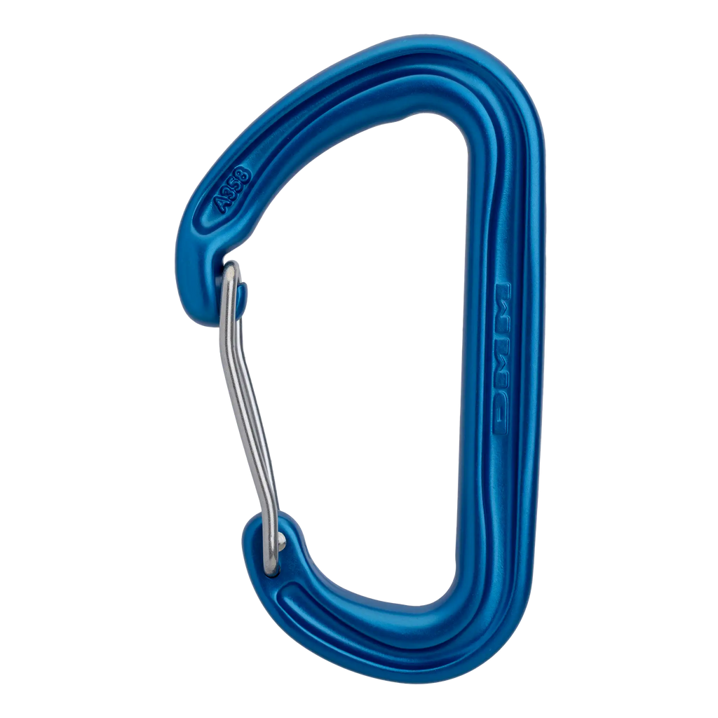 trad climbing wire gate carabiner ideal for racking cams blue
