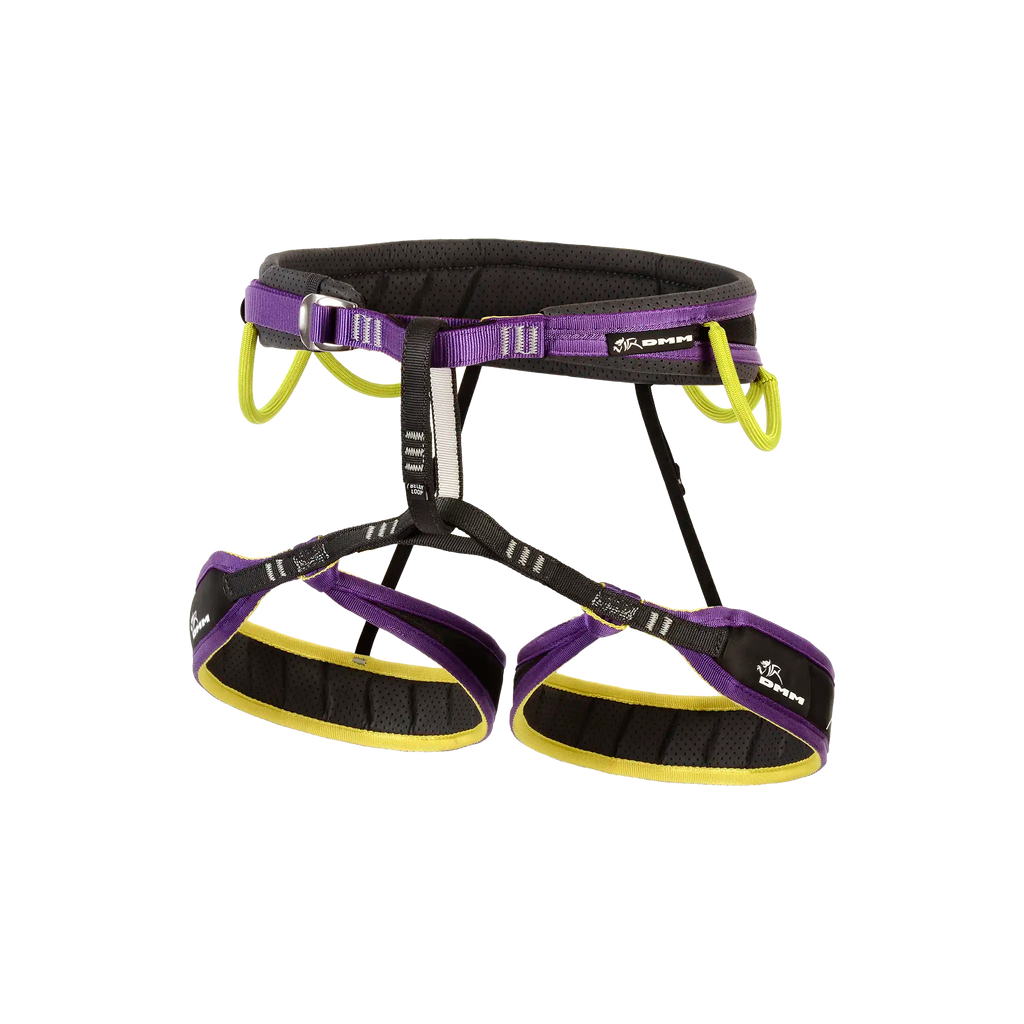 performance light weight sport climbing harness purple and yellow
