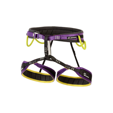 performance light weight sport climbing harness purple and yellow